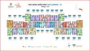 Căn hộ Studio The Sola Park (được tô màu vàng đạm) trên mặt bằng căn hộ tòa G1
