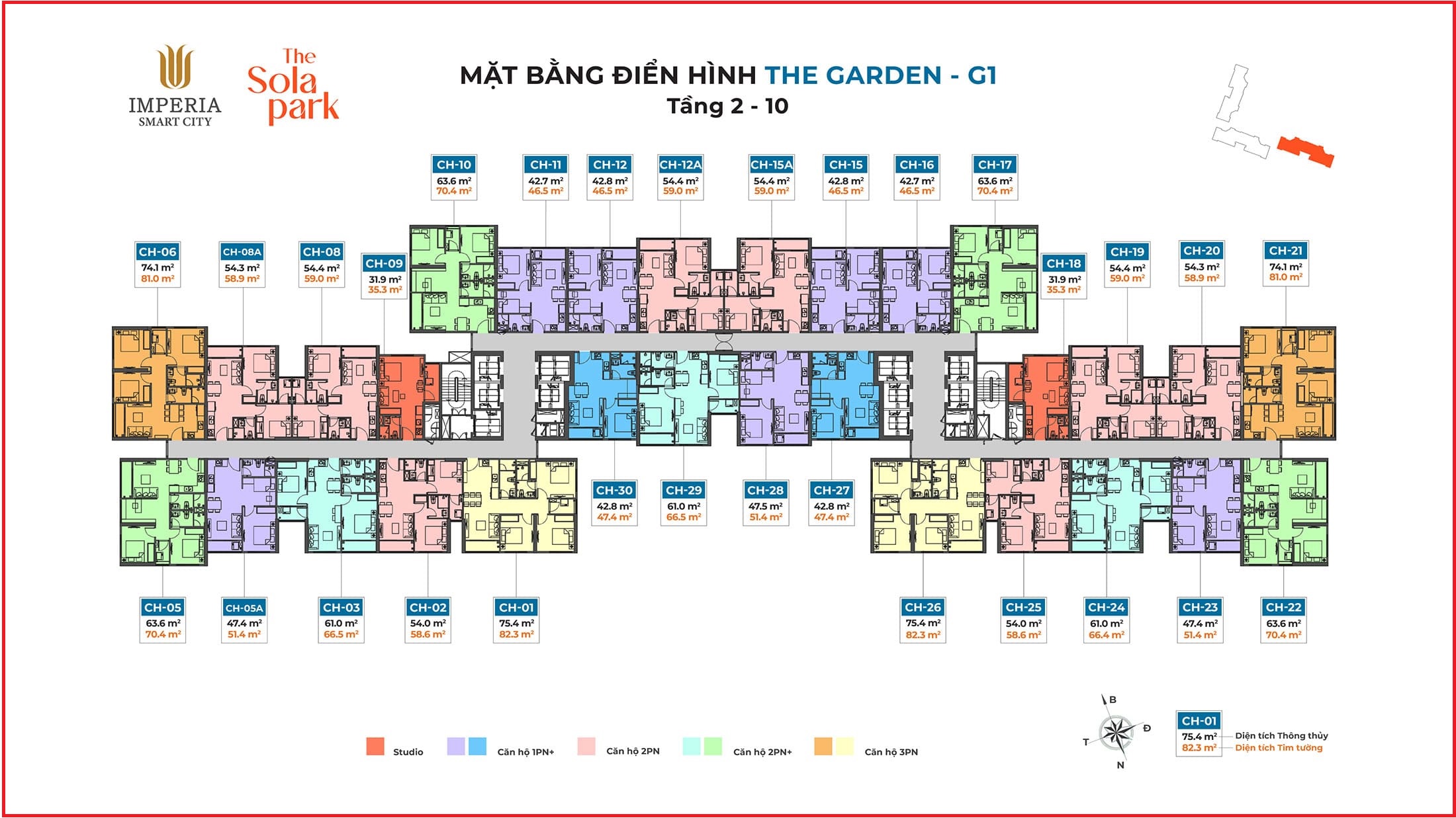 Bố trí căn hộ 1 phòng ngủ +1 là các căn được bôi màu tím trên mặt bằng tòa G1
